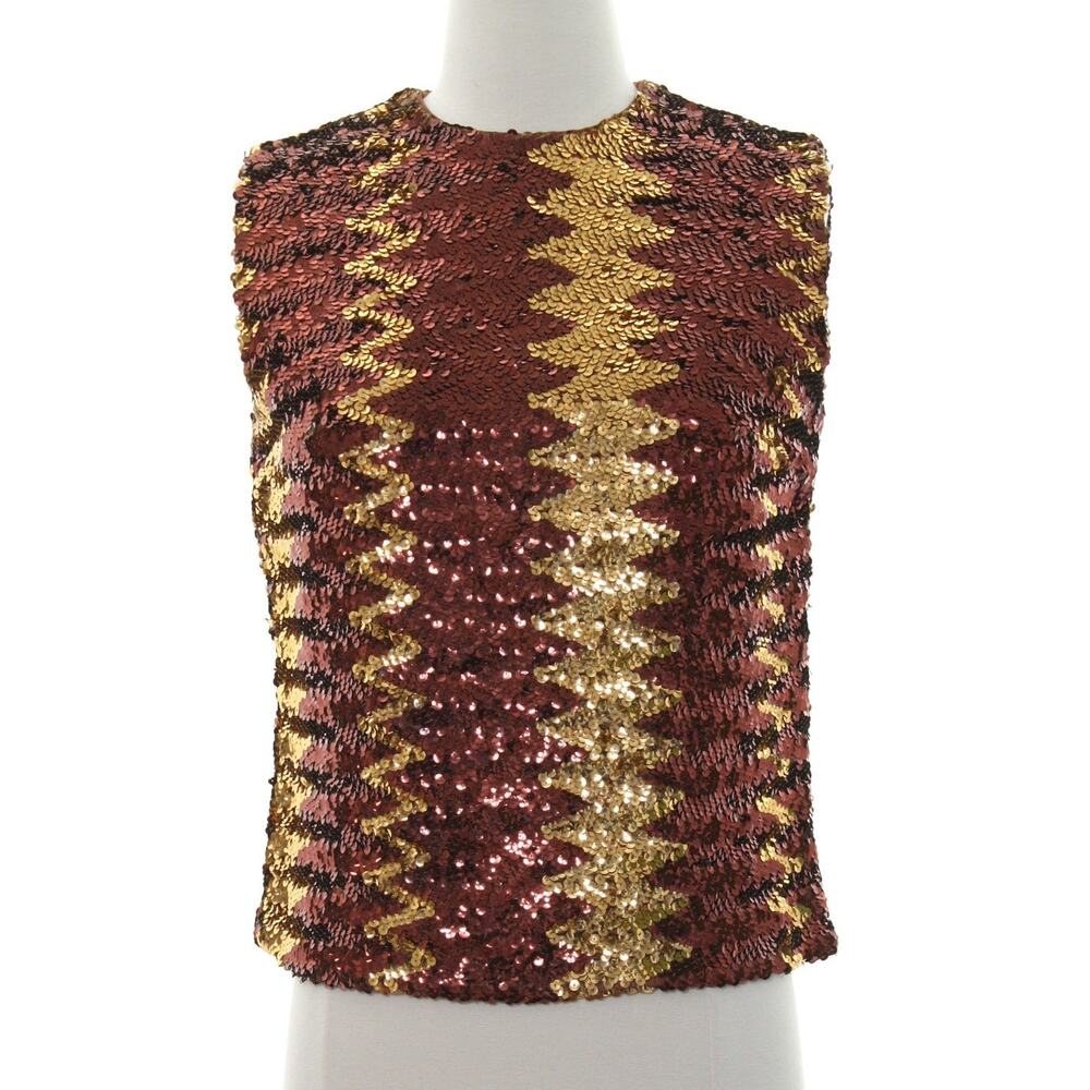 Vintage 70s Glentex Sequin Gold Brown Sleeveless Party Top Women's Medium